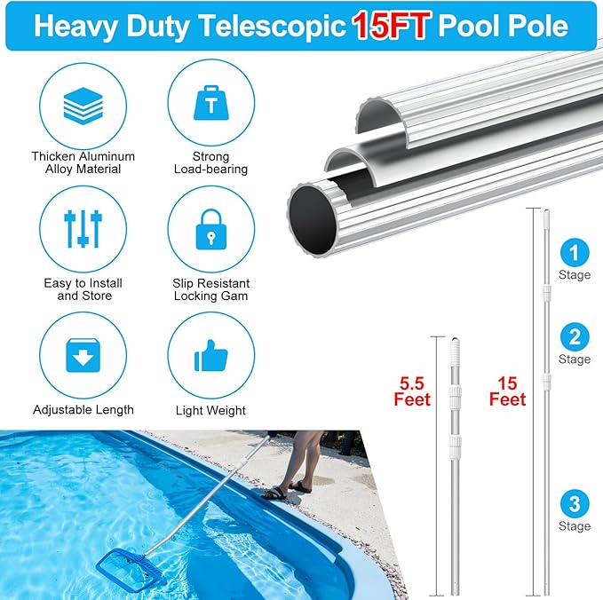 YEECHUN Professional 15 Foot Swimming Pool Pole Telescopic Aluminum Fits Pool Net Skimmer Rake Vacuum Head Brush Cleaning Equipment Heavy Duty,for Skimmer Nets, Vacuum Heads and Brushes