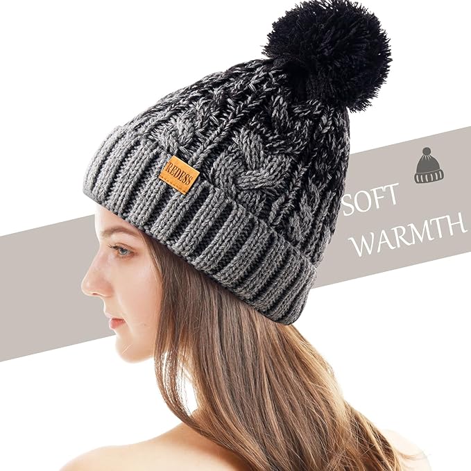 REDESS Women Winter Pompom Beanie Hat with Warm Fleece Lined, Thick Slouchy Snow Knit Skull Ski Cap