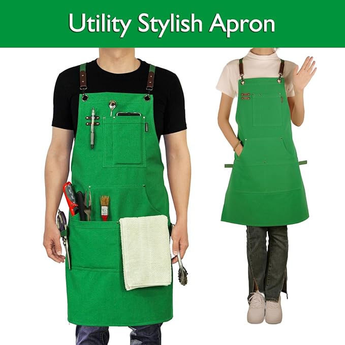 5 Pack Kitchen Apron, Work Apron, Canvas, Multiple Pockets, Gardening, Painting, BBQ, Artist, Carpenter, Sizes M to XXL, Green