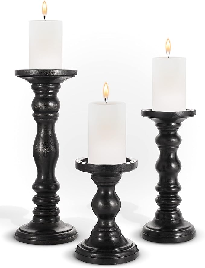 Large Candle Holders for Pillar Candles - Decorative Rustic Centerpiece Pillars Compatible with Battery-Operated Candles - Tall Farmhouse Wooden Candle Holders Pillar - Set of 3