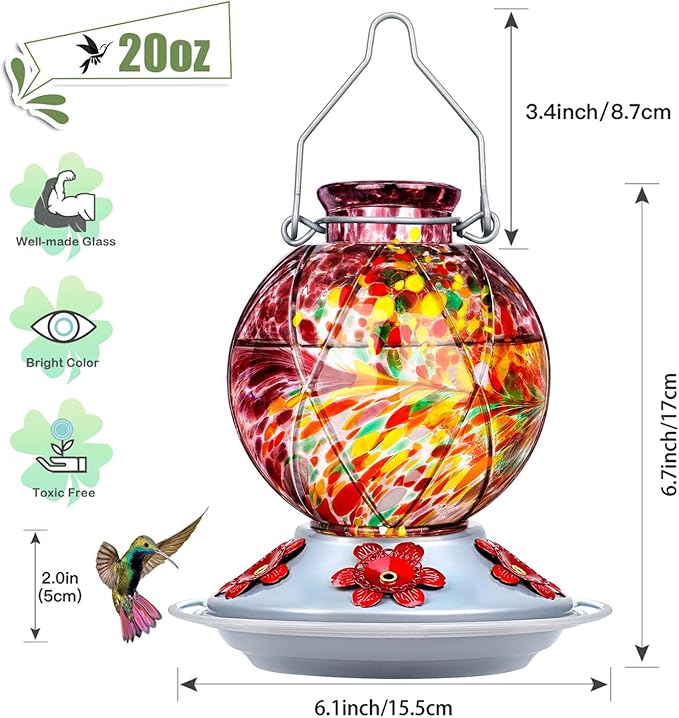 BOLITE Hummingbird Feeder, Hummingbird Feeders for Outdoors Hanging, Hand Blown Glass, Meshy Texture Ball Shape Bottle, 5 Feeding Ports with Perch, 20 Ounces, Leak Proof, Purple, Gifts for Women Men