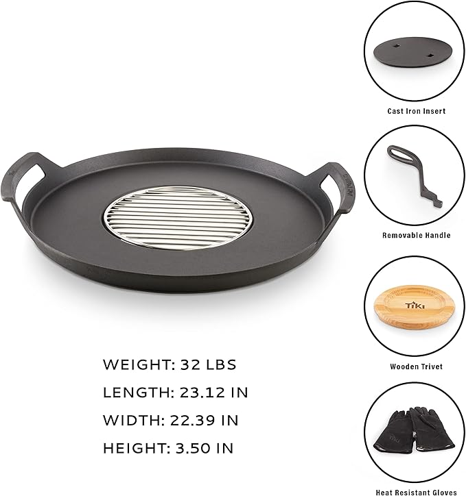 TIKI Fire Pit Griddle & Grill Combo – Cast Iron Cooking Surface for 16"-21" Smokeless Fire Pits – Outdoor BBQ Griddle for Camping & Patio – Includes Trivet & Heat-Resistant Gloves, Black