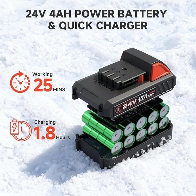 Cordless Snow Shovel, 24V | 13-Inch | 4-Ah Battery Powered Snow Blower, 400W Motor, Battery & Fast Charger Included, Electric Snow Removal for Driveways, Steps and Walkways