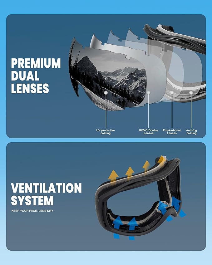 AVV Ski Goggles UV Protection, Anti-Fog Snowboard Snow Goggles OTG for Men Women Adults & Youths