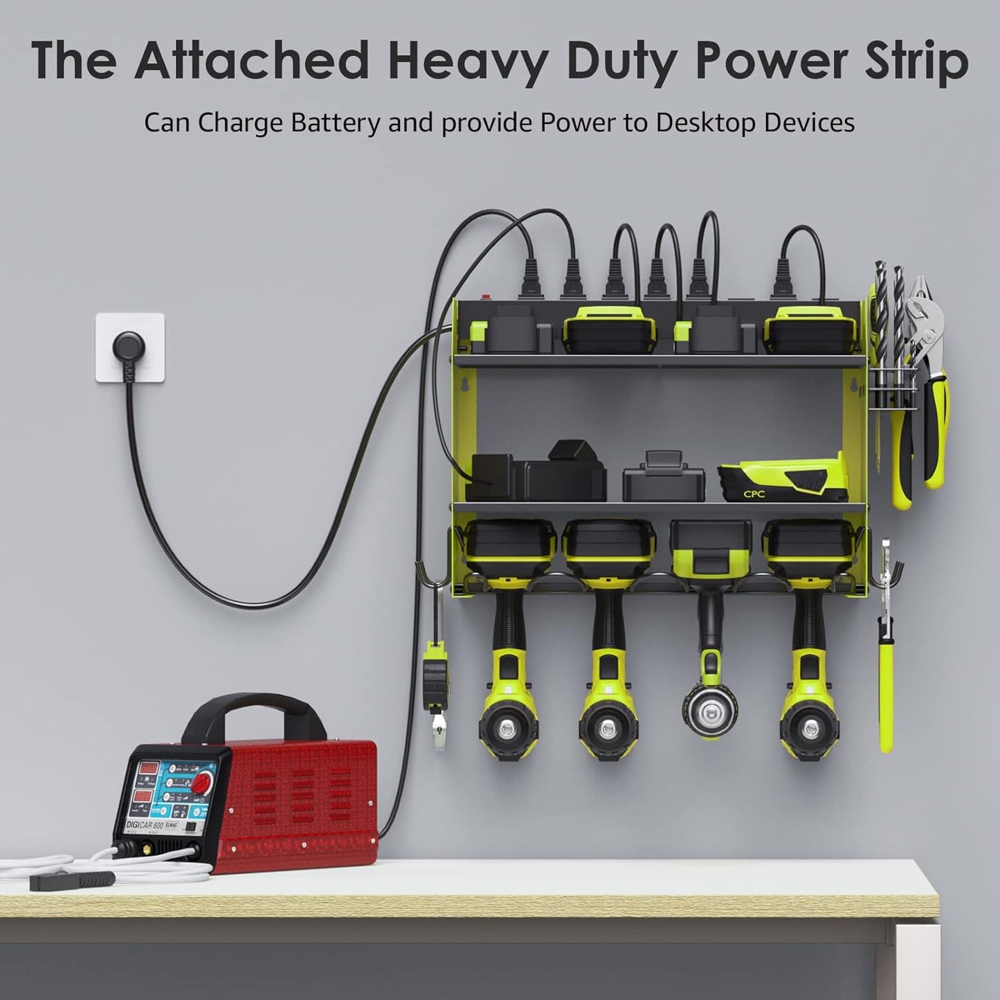 CCCEI Set Power Tool Organizer Wall Mount with Charging Station. Garage 4 Drill Storage Shelf with Hooks, Heavy Duty Metal Tool Battery Charger Organizer. Shop Utility Rack with Power Strip Green.