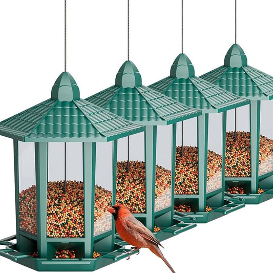 Birdream 4 Pack Bird Feeders for Outdoor Hanging, 10 LB Fun Installation Retro Pagoda Design Bird Feeder, Attracting Wild Birds Chickadees Goldfinches Cardinals Finches and Sparrows (Green)