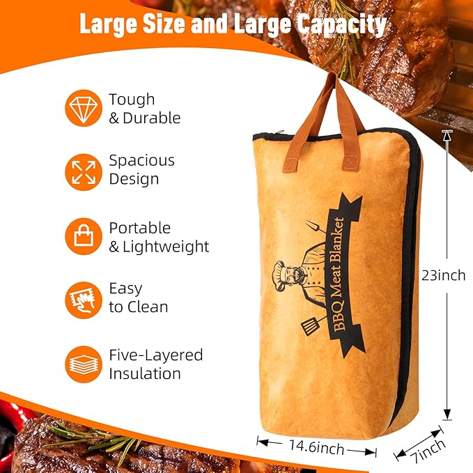 BBQ Blanket for Resting Meat,Reusable Smoker Grilling Meat Insulated Resting Bag with Wide Mouth for Large Brisket/Beef/Pork Shoulders/Turkeys (BBQ Blanket 23in)