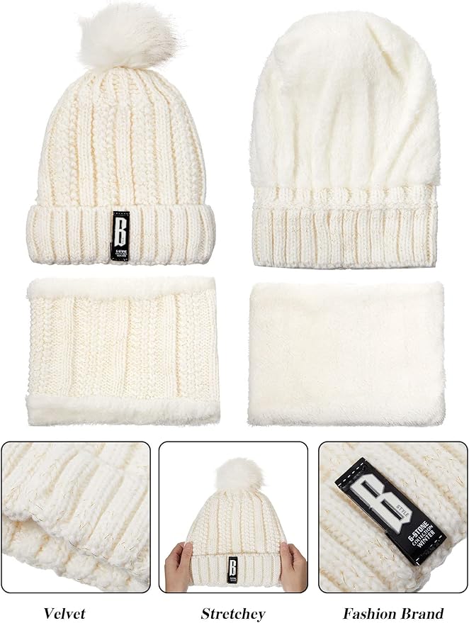 5 Pieces Women Winter Warm Set Knit Beanie Hat Scarf Touchscreen Gloves Earmuffs Stockings 5 in 1 Ski Outing Set for Gift