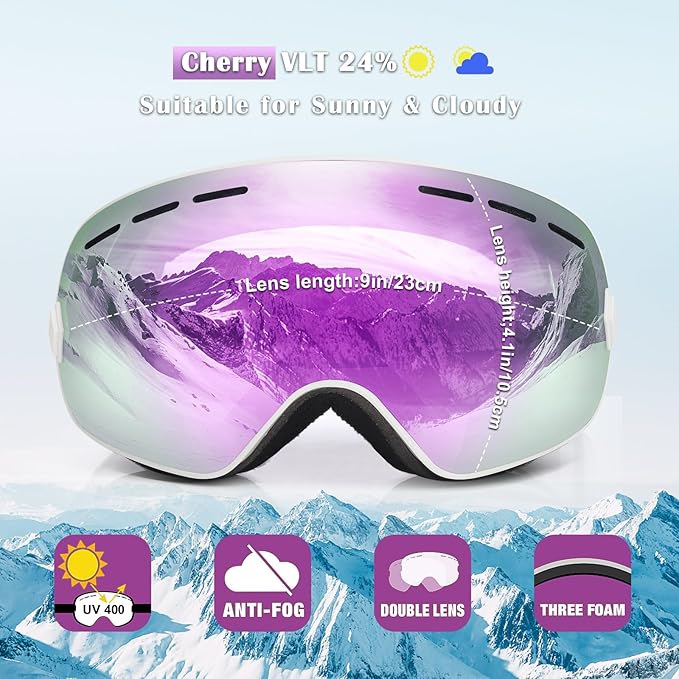 EXP VISION Snowboard Ski Goggles Men Women Youth, Anti Fog OTG Winter Snow Goggles Spherical Detachable Lens