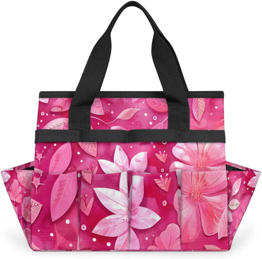 Rose Red flower Gardening Tool Bag,Heavy Duty Garden Tote Bag,Portable Oxford Gardening Storage Basket Organizer Handbag with Pockets Handle,Hand Tools Gifts for Outdoor Garden Lawn