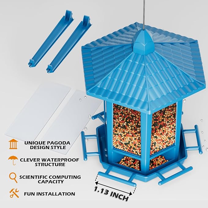 Birdream 2 Pack Bird Feeders for Outdoor Hanging, Retro Pagoda Design Fun Installation Bird Feeders, Attracting Wild Birds Chickadees Goldfinches Cardinals Finches and Sparrows - Blue