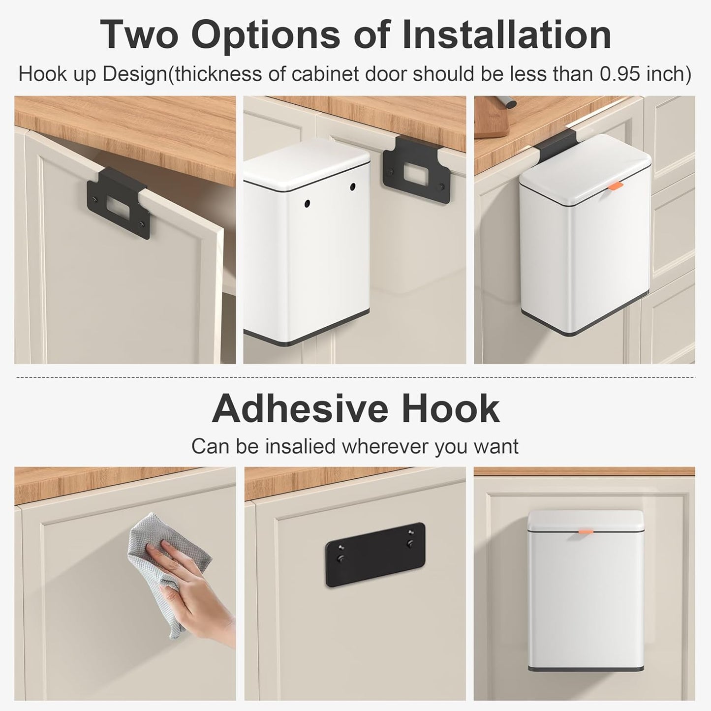 Mbillion Kitchen Compost Bin Hanging Trash Can with Lid 2.1 Gallon Stainless Steel Garbage Can for Kitchen Cabinet Door Mounted Trash Can Under Sink Door RV Bathroom,White