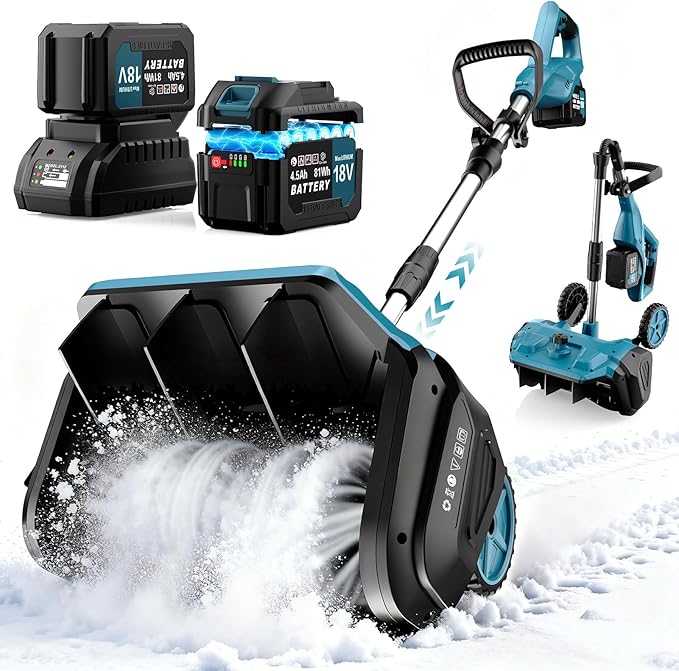 17"Cordless Snow Shovel with Wheels, 9000mAh Brushless Electric Snow Blower Battery Powered, 20-30FT Throw Distance/Larger Snow Removal,12lb Lightweight Snow Thrower for Driveway/Steps/Patio/Sidewalk