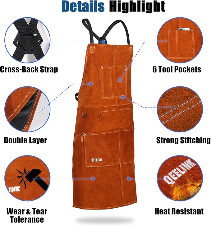 QeeLink Leather Welding Apron with 6 Pockets - Heat & Flame-Resistant Apron, 24'' X 42'', Adjustable M to XXXL