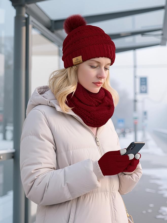 URATOT 4-In-1 Winter Warm Sets Knitted Scarf Touch Screen Gloves Beanie Pompom Hat and Winter Ear Warmer for Men or Women