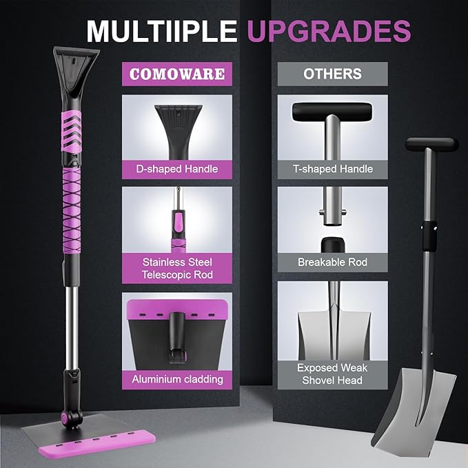 COMOWARE Snow Brush, Extendable Ice Scrapers for Car Windshield with 270° Pivoting Head, Lightweight Aluminum Body Snow Removal Tool with Ergonomic Foam Grip, Snow Scraper for Car Truck SUV