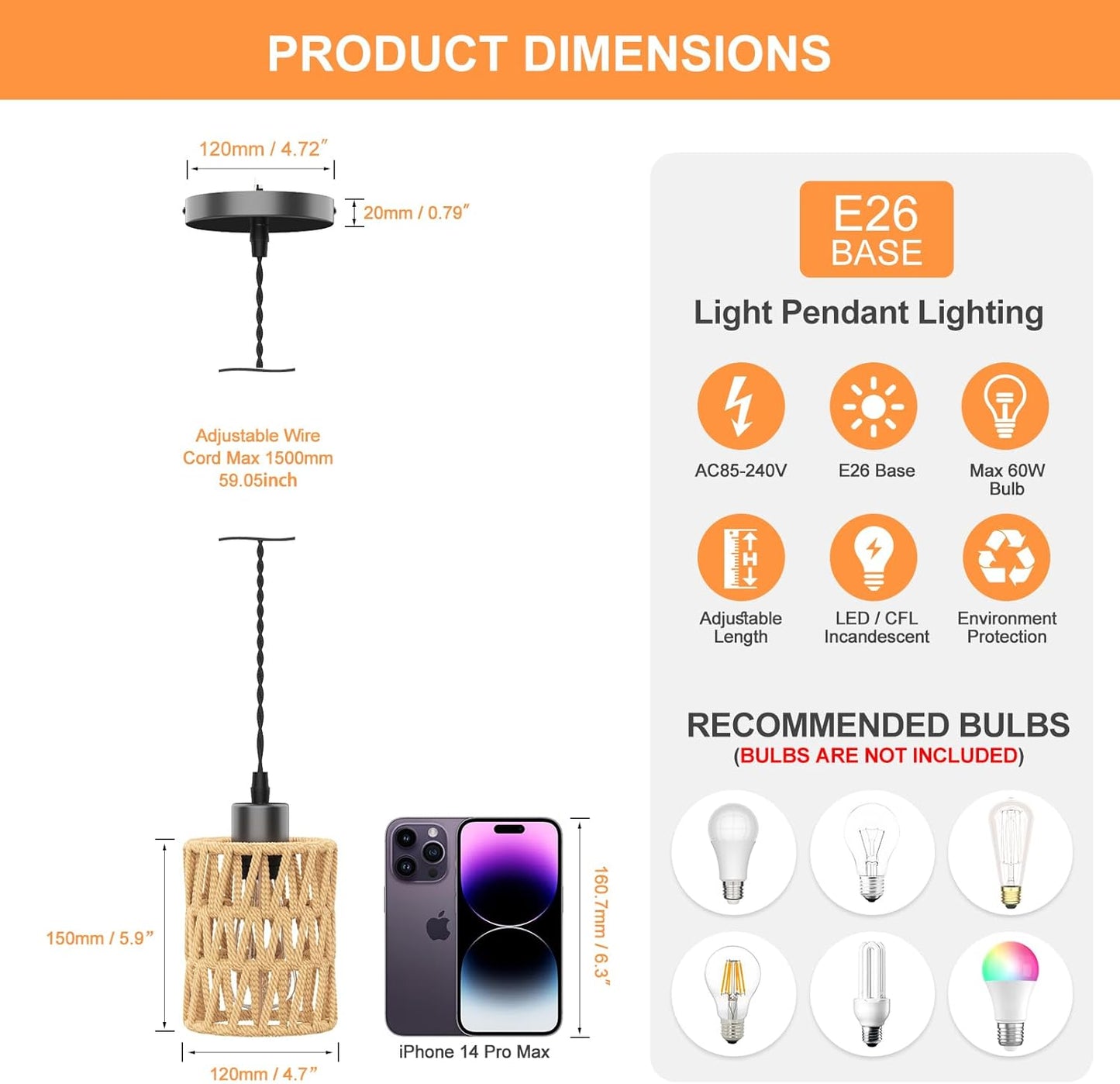 3Packs Boho Rustic Hemp Rope Pendant Light Hand-Woven Rattan Cage Basket Coastal Light Fixture Farmhouse Wicker Hanging Lighting for Kitchen Island Dining Room Bedroom