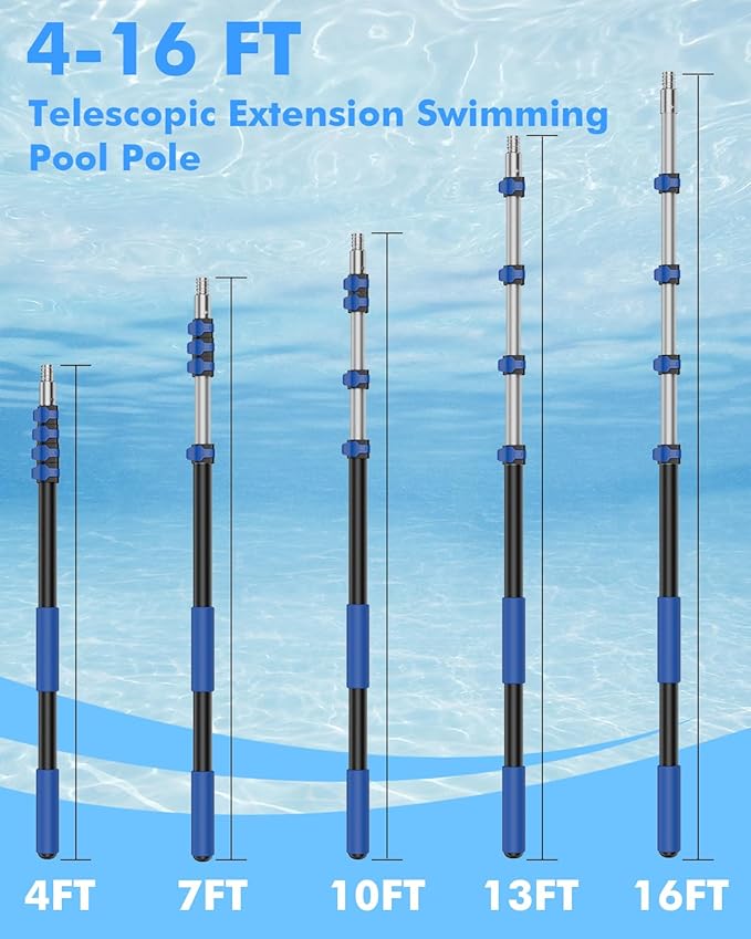 Pool Pole Telescopic 16FT Heavy Duty Upgraded Aluminum, 16 Ft Extension/Extendable Telescoping Tool for Above Ground/Inground Swimming Cleaning Supplies Accessories, Leaf Skimmer/Brush/Net/Vacuum/Mesh