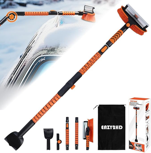 Eazy2hD 3 in 1 Bendable Snow Brush with Ice Scrapers, 64.17" Extendable Window Ice Removal with Squeegee for Windshield, 180° Pivoting Brush Head Cleaner Tool for Car, Truck, SUV