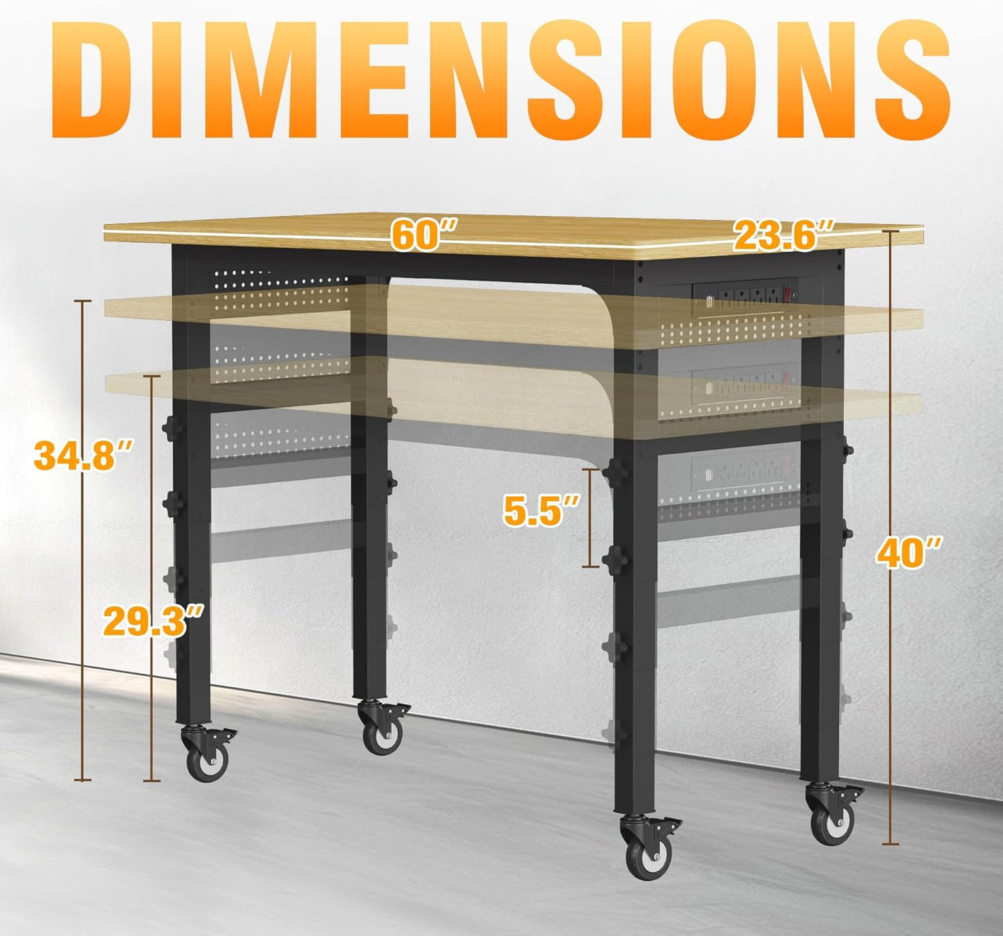 60" Heavy Duty Work Bench with Wheels, Adjustable Height 2000 Lbs Garage Workbench w/Pegboard Pad & Power Outlets, Portable Mobile Tool Work Table for Woodworking Workshop Home Office (60" L)