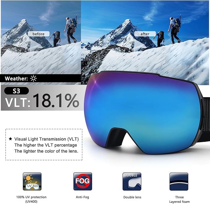 OULAIQI OTG Ski Goggles UV400 Anti-Fog Snowboard Glasses for Men Women Youth- Perfect for Skiing, Snowboarding,Winter Sports