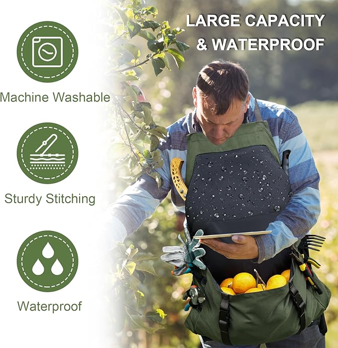 Gardening Apron Waterproof Cross Back Apron, Extra 600D Heavy Duty Apron Harvest and Large Quick Release Pockets