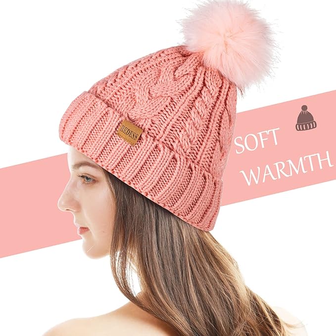 REDESS Women Winter Pompom Beanie Hat with Warm Fleece Lined, Thick Slouchy Snow Knit Skull Ski Cap