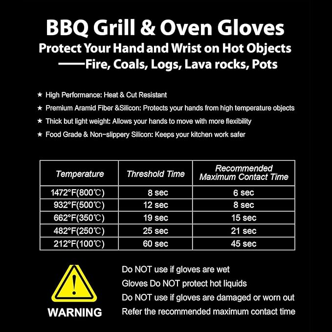 BBQ Gloves, Oven Gloves 1472℉ Extreme Heat Resistant, Grilling Gloves Silicone Non-Slip Oven Mitts, Kitchen Gloves for BBQ, Grilling, Cooking, Baking-1 Pair… (One Size Fits Most, Black)