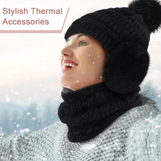 5 Pieces Women Winter Warm Set Knit Beanie Hat Scarf Touchscreen Gloves Earmuffs Stockings 5 in 1 Ski Outing Set for Gift