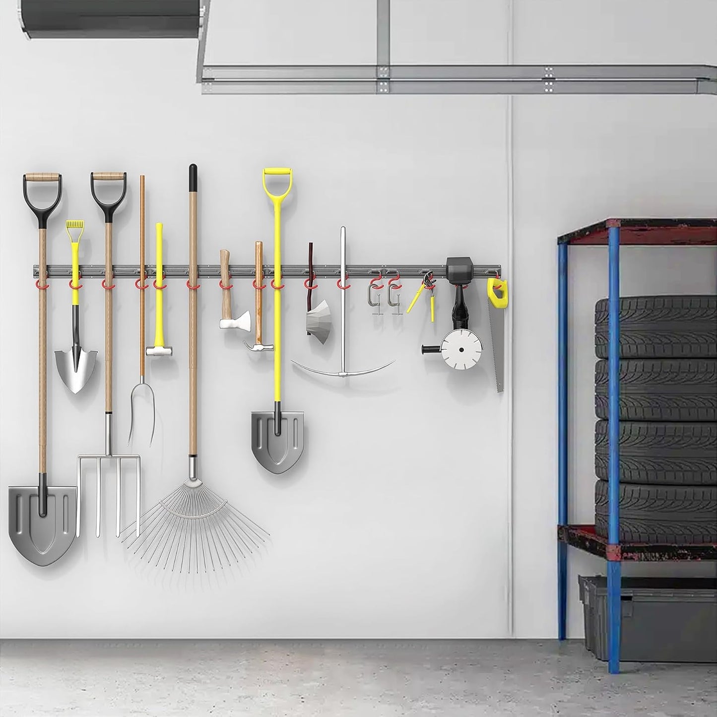 TORACK Metal Wall-Mounted Garden Tool Organizer for Garage, Mop and Broom Holder, Yard Tool Storage Rack for Rakes, Shovels, Mops, Brooms (4 Rails, 16 Hooks)