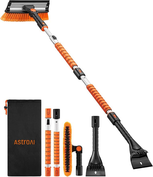 AstroAI 62.4" Ice Scrapers for Car Windshield, 3 in 1 Sturdy Snow Brush with Squeegee, 10 Adjustable Length Settings, Extendable Aluminum Handle, 180° Pivoting Snow Brush for Car, Truck, SUV(Orange)