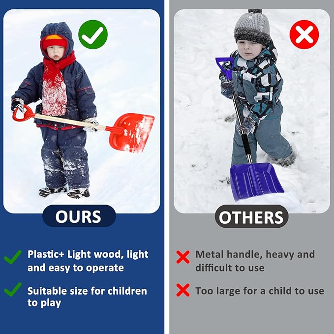 1Pcs Kids Snow Shovel Detachable Toddler Snow Shovels 22"-32" Small Wooden Snow Shovels with Scoop and D-Grip Handle Plastic Child Snow Shovel Red Winter Shovel for Outdoor Yard Garden Activities