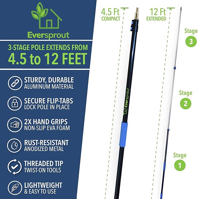 EVERSPROUT 5-to-12 Foot Cobweb Duster and Extension-Pole Combo (20 Foot Reach, Soft Bristles) | Hand Packaged | Lightweight, 3-Stage Aluminum Pole | Indoor & Outdoor Use Brush Attachment