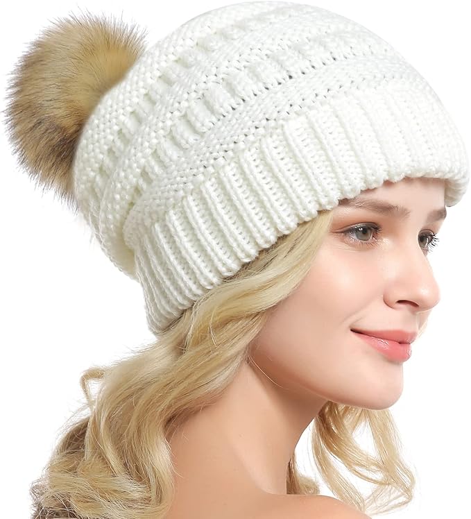 QUEENFUR Women Knit Slouchy Beanie Chunky Baggy Hat with Faux Fur Pompom Winter Soft Warm Ski Cap