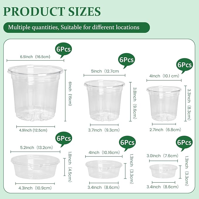 18 Pack 6.5/5/4 Inch Clear Self Watering Plant Pots with Bottom Water Tray & Watering Rope, Transparent Nursery Pots with Drainage for Seedlings, Herbs, and Houseplants