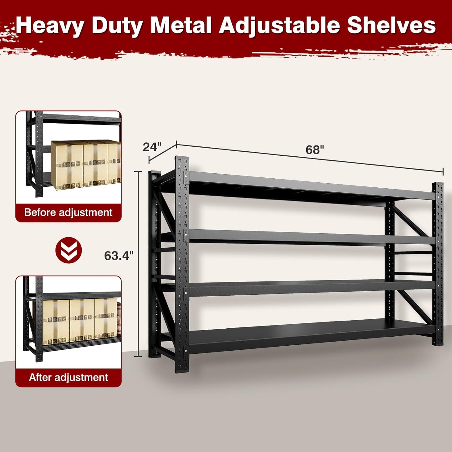 8000LBS Metal Steel Storage Shelves - 68" W Black 4 Tier Heavy Duty Rack Commercial Industrial Shelving with Adjustable Shelf for Basement Garage Warehouse - 68" W x 24" D x 63.4" H