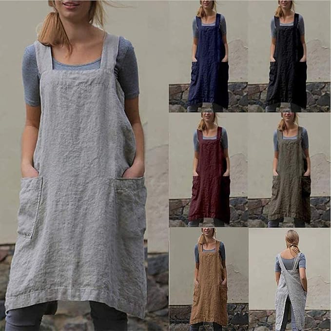 WROLEM Women's Practical Cross Back Pinafore Apron with Large Pockets Home Kitchen,Restaurant,Coffee House,Cooking,Gardening
