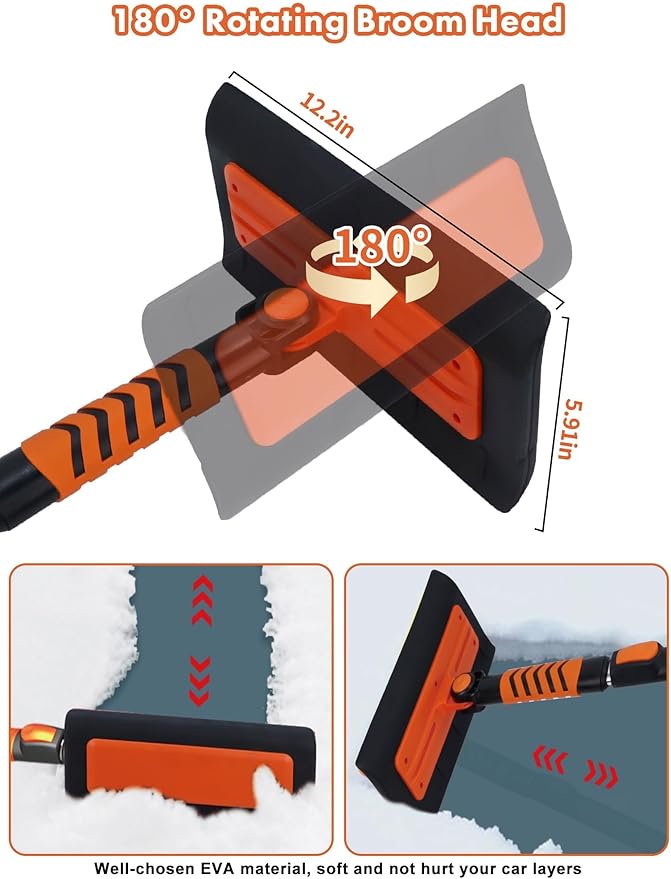 E-SDS 60” Snow Broom Ice Scraper Bendable Snow Remover for Cars with 12.2” Foam Head, Extendable Snow Brush for Car, Truck and SUV (Orange and Black)