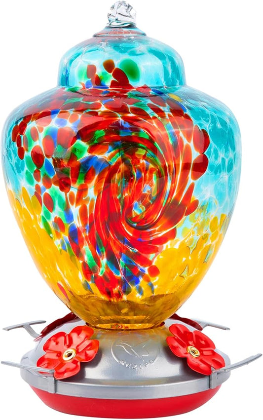 REZIPO Hummingbird Feeder with Perch - Hand Blown Glass - 38 Fluid Ounces Hummingbird Nectar Capacity Include Hanging Wires and Moat Hook (Half Green)