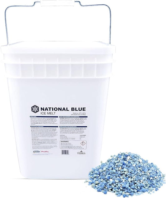 National Blue Ice Melt and Snow Salt 35lb Bucket - Fast Acting Ice Melter - Pet, Plant and Concrete Friendly, Environmentally Safe - Free of Magnesium Chloride - Melts to -15°F