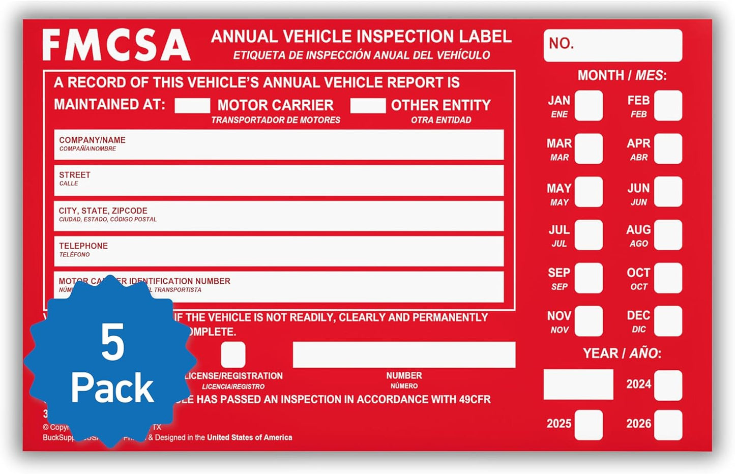 5 Pack Buck Aluminum Annual Vehicle Inspection Label with Punch Boxes, 2 Mil Red FMCSA Self Adhesive Sticker, DOT Compliant, Weatherproof, Tear Resistant, Easy to Write On, 6" x 3.5" - Made in USA