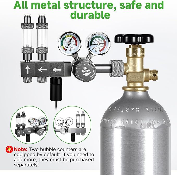 Upgraded Aquarium CO2 Regulator with Motorized Valve, Dual Stage Adjustable Pressure, Expandable for Two Tanks, Includes Timer and Bubble Counters for CO2 Aquarium System