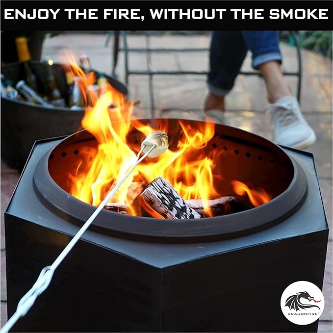 Dragonfire Smokeless Firepit, Accessories Included: Spark Screen, Base Stand, and Weatherproof Cover. Wood Pellet/Log Burning Large Outdoor Fire pit. Matte Black Finish, 23.5 Inch Backyard Patio Size.