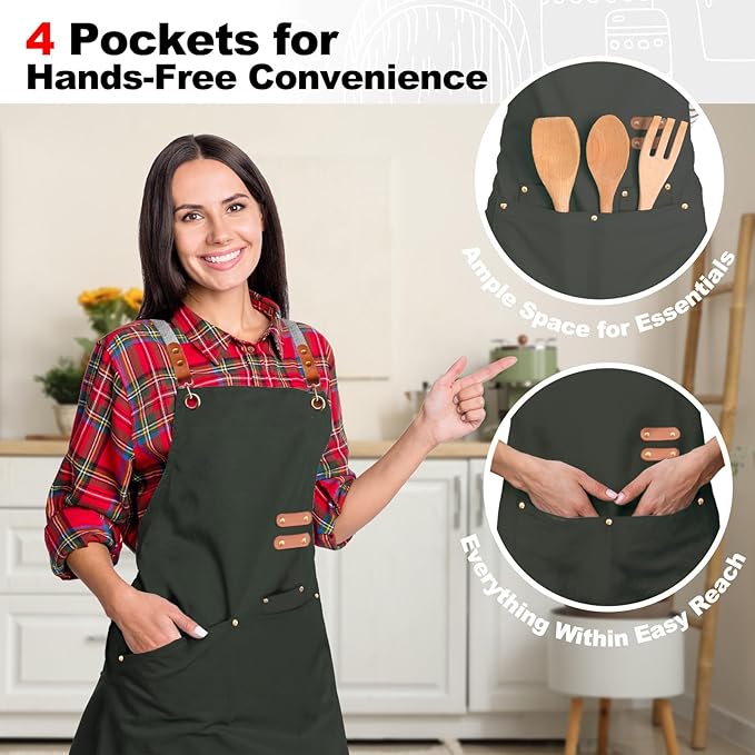 chef apron bib tool apron for man woman cross back straps with 4 pockets for kitchen cooking gardening baking working