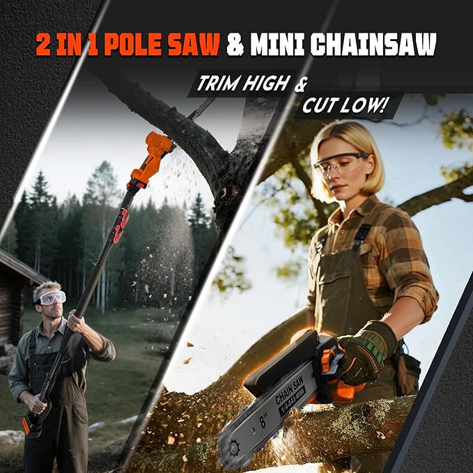 8'' Electric Pole Saws for Tree Trimming, Cordless 2-in-1 Pole Saw & Mini Chainsaw with Extension Pole, Battery Powered with 2x4.0Ah Batteries and Charger, Max 16FT Reach for Pruning