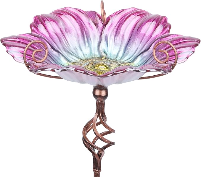 MUMTOP 31 Inch Height Glass Birdbath Birdfeeder with Metal Stake Garden Yard Outdoor Pink