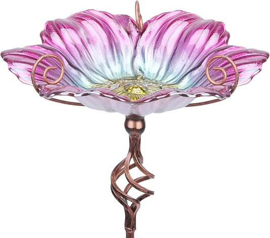 MUMTOP 31 Inch Height Glass Birdbath Birdfeeder with Metal Stake Garden Yard Outdoor Pink