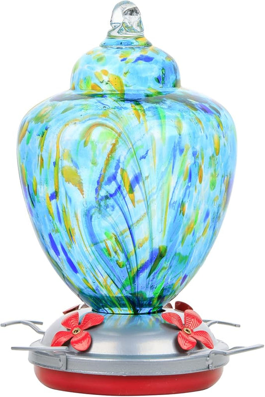 REZIPO Hummingbird Feeder with Perch - Hand Blown Glass - Light Green - 38 Fluid Ounces Hummingbird Nectar Capacity Include Hanging Wires and Moat Hook