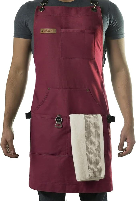 Asaya Chef and BBQ Apron with Bottle Opener and Hand Towel - 10oz Cotton Canvas, Stainless Steel Hardware - Cross Back Straps