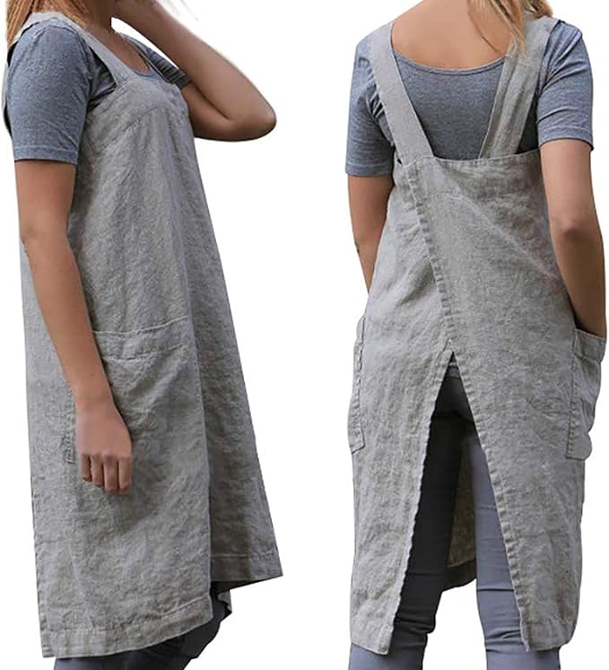 WROLEM Women's Practical Cross Back Pinafore Apron with Large Pockets Home Kitchen,Restaurant,Coffee House,Cooking,Gardening